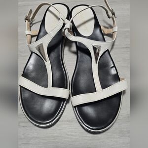 Women’s White T-Strap Sandals with Silver Accent
